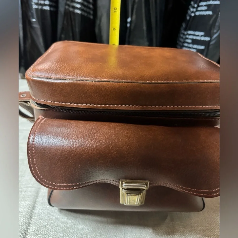 Vintage Leather Camera Bag Case Brown Brass Strap Pocket USA 703 10 x 8 x 6 Inch